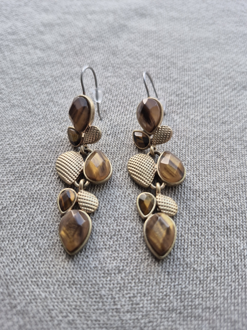 Gold-Tone Brown Stone Dangle Earrings - Unbranded